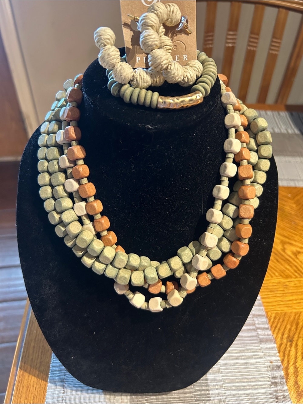 Multi-Strand Green and Tan necklace, bracelet and earrings.